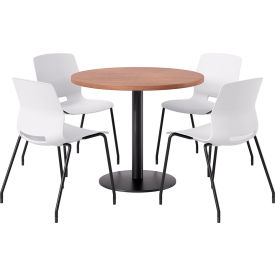 KFI 36"" Round Table with 4 Imme Armless Chairs White Seat/River Cherry Top