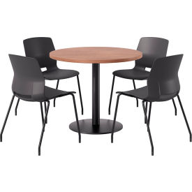 KFI 36"" Round Table with 4 Imme Armless Chairs Black Seat/River Cherry Top