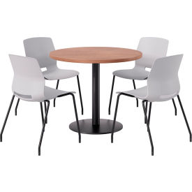 KFI 36"" Round Table with 4 Imme Armless Chairs Light Gray Seat/River Cherry Top