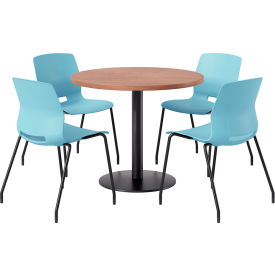 KFI 36"" Round Table with 4 Imme Armless Chairs Sky Blue Seat/River Cherry Top