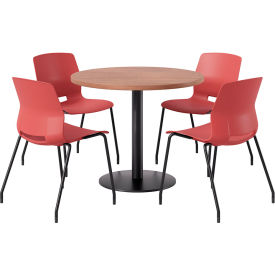 KFI 36"" Round Table with 4 Imme Armless Chairs Coral Seat/River Cherry Top