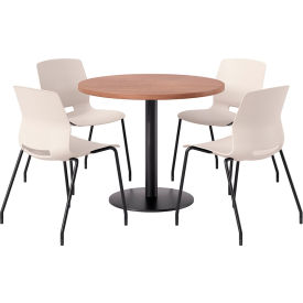 KFI 36"" Round Table with 4 Imme Armless Chairs Moonbeam Seat/River Cherry Top