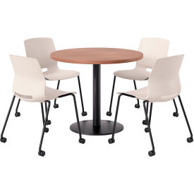 KFI 36" Round Table with 4 Imme Armless Caster Chairs Moonbeam Seat/River Cherry Top 