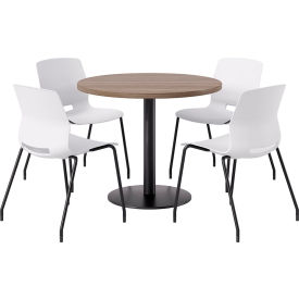 KFI 36"" Round Table with 4 Imme Armless Chairs White Seat/Studio Teak Top