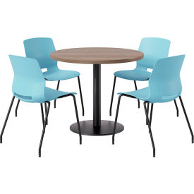 KFI 36"" Round Table with 4 Imme Armless Chairs Sky Blue Seat/Studio Teak Top