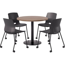 KFI 36" Round Table with 4 Imme Armless Caster Chairs Black Seat/Studio Teak Top 