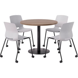 KFI 36" Round Table with 4 Imme Armless Caster Chairs Light Gray Seat/Studio Teak Top 