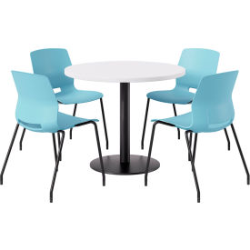 KFI 36"" Round Table with 4 Imme Armless Chairs Sky Blue Seat/Designer White Top