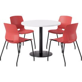 KFI 36"" Round Table with 4 Imme Armless Chairs Coral Seat/Designer White Top