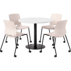 KFI 36" Round Table with 4 Imme Armless Caster Chairs Moonbeam Seat/Designer White Top 