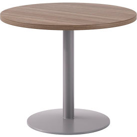 Proof 36" Round Pedestal Table, Silver Base, Studio Teak Top view 2