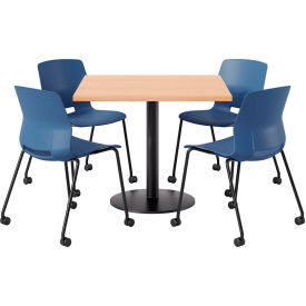 KFI 36"" Square Table with 4 Imme Armless Caster Chairs Navy Seat/Maple Top