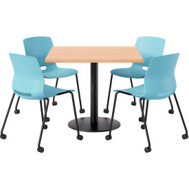 KFI 36"" Square Table with 4 Imme Armless Caster Chairs Sky Blue Seat/Maple Top