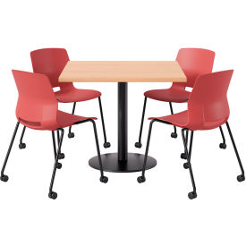 KFI 36"" Square Table with 4 Imme Armless Caster Chairs Coral Seat/Maple Top