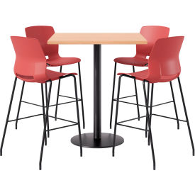 KFI 36" Square Table with 4 Imme Armless Barstools Coral Seat/Maple Top 