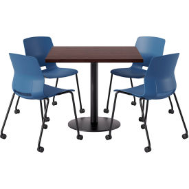 KFI 36"" Square Table with 4 Imme Armless Caster Chairs Navy Seat/Espresso Top
