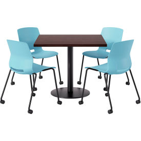 KFI 36"" Square Table with 4 Imme Armless Caster Chairs Sky Blue Seat/Espresso Top
