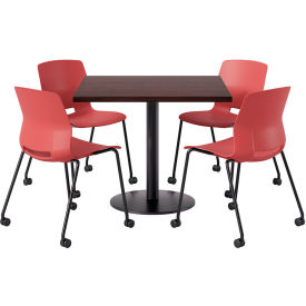 KFI 36"" Square Table with 4 Imme Armless Caster Chairs Coral Seat/Espresso Top