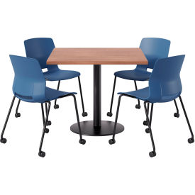 KFI 36"" Square Table with 4 Imme Armless Caster Chairs Navy Seat/River Cherry Top