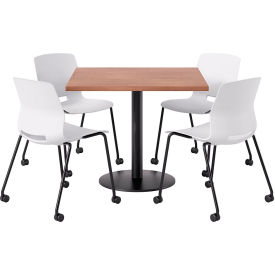 KFI 36"" Square Table with 4 Imme Armless Caster Chairs White Seat/River Cherry Top