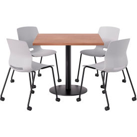 KFI 36"" Square Table with 4 Imme Armless Caster Chairs Light Gray Seat/River Cherry Top