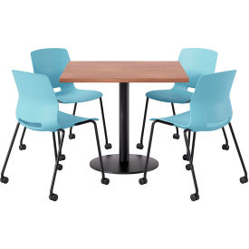 KFI 36"" Square Table with 4 Imme Armless Caster Chairs Sky Blue Seat/River Cherry Top