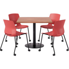 KFI 36"" Square Table with 4 Imme Armless Caster Chairs Coral Seat/River Cherry Top