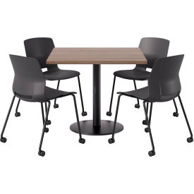 KFI 36"" Square Table with 4 Imme Armless Caster Chairs Black Seat/Studio Teak Top