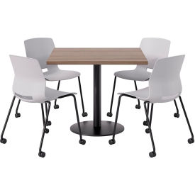 KFI 36"" Square Table with 4 Imme Armless Caster Chairs Light Gray Seat/Studio Teak Top