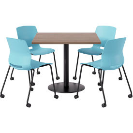 KFI 36"" Square Table with 4 Imme Armless Caster Chairs Sky Blue Seat/Studio Teak Top