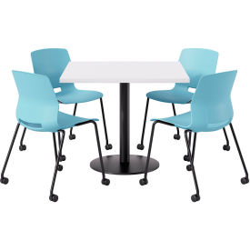 KFI 36"" Square Table with 4 Imme Armless Caster Chairs Sky Blue Seat/Designer White Top