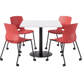 KFI 36"" Square Table with 4 Imme Armless Caster Chairs Coral Seat/Designer White Top