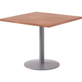 Proof 36" Square Pedestal Table, Silver Base, River Cherry Top view 2