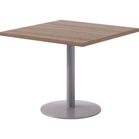 Proof 36" Square Pedestal Table, Silver Base, Studio Teak Top view 2