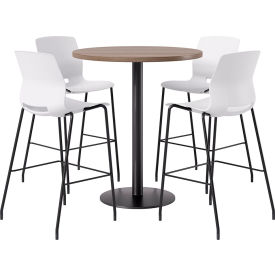 KFI 42" Round Table with 4 Imme Armless Barstools White Seat/Studio Teak Top 