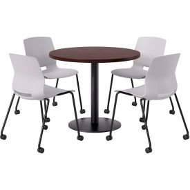 KFI 42" Round Table with 4 Imme Armless Caster Chairs Light Gray Seat/Espresso Top 