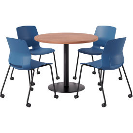 KFI 42" Round Table with 4 Imme Armless Caster Chairs Navy Seat/River Cherry Top 