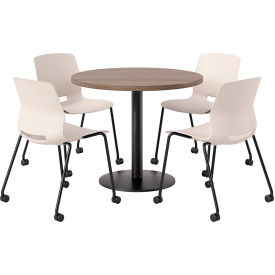 KFI 42" Round Table with 4 Imme Armless Caster Chairs Moonbeam Seat/Studio Teak Top 