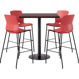 KFI 42" Square Table with 4 Imme Armless Barstools Coral Seat/Espresso Top 