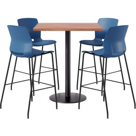 KFI 42" Square Table with 4 Imme Armless Barstools Navy Seat/River Cherry Top 