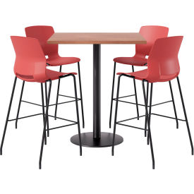 KFI 42" Square Table with 4 Imme Armless Barstools Coral Seat/River Cherry Top 