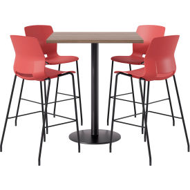 KFI 42" Square Table with 4 Imme Armless Barstools Coral Seat/Studio Teak Top 