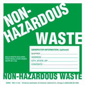 Non-Hazardous Waste Label, Generator Info, Stock PVC free, Vinyl, 100