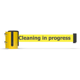 Magnetic Mini Wall Mount Yellow Barrier, 7-1/2' Yellow "Cleaning in Progress" Belt view 2