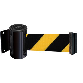 Lawrence Metal Prod. Inc 896-S-33-MAX-D4-C Tensabarrier® Wall Mount Retractable Belt Barrier, Black Case with 13 Black/Yellow Belt image.