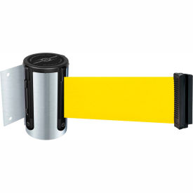 Lawrence Metal Prod. Inc 896-STD-1S-MAX-NO-Y5X-C Tensabarrier® Wall Mount Retractable Belt Barrier, Satin Chrome Case W/13 Yellow Belt image.