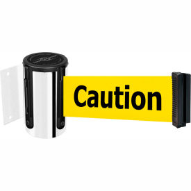 Lawrence Metal Prod. Inc 896-STD-1P-STD-NO-YAX-C Tensabarrier® Wall Mount Retractable Belt Barrier, Chrome Case W/7-1/2 Yellow "Caution" Belt image.