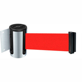 Lawrence Metal Prod. Inc 896-STD-1S-STD-NO-R5X-C Tensabarrier® Wall Mount Retractable Belt Barrier, Satin Chrome Case W/7-1/2 Red Belt image.