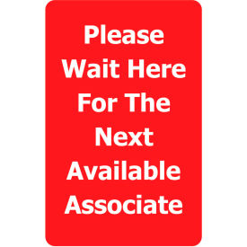 Lawrence Metal Prod. Inc SIGN-0711-250-21-V-S15 Tensabarrier® Classic Acrylic Sign, "Please Wait Here For Next Available", 7"Wx11"H, Red/White image.
