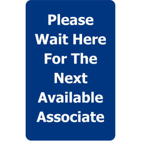 Lawrence Metal Prod. Inc SIGN-0711-250-23-V-S15 Tensabarrier® Classic Acrylic Sign, "Please Wait Here For Next Available", 7"Wx11"H, Blue/White image.